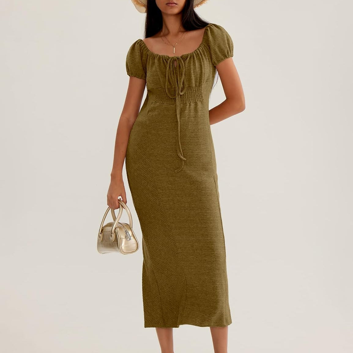 CHERFLY Women's Long Dress 2025 Summer Short Sleeve Smocked Midi Dress Loose Casual Off The Shoulder Maxi Dress