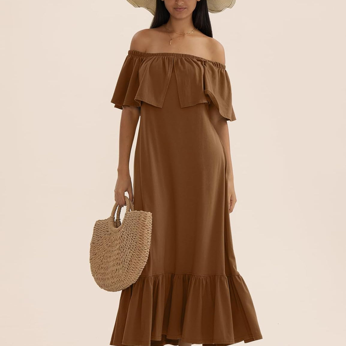 CHERFLY Women's Long Dress 2025 Summer Off The Shoulder Ruffle Swing Dress Cutout Back Casual Loose Maxi Dress