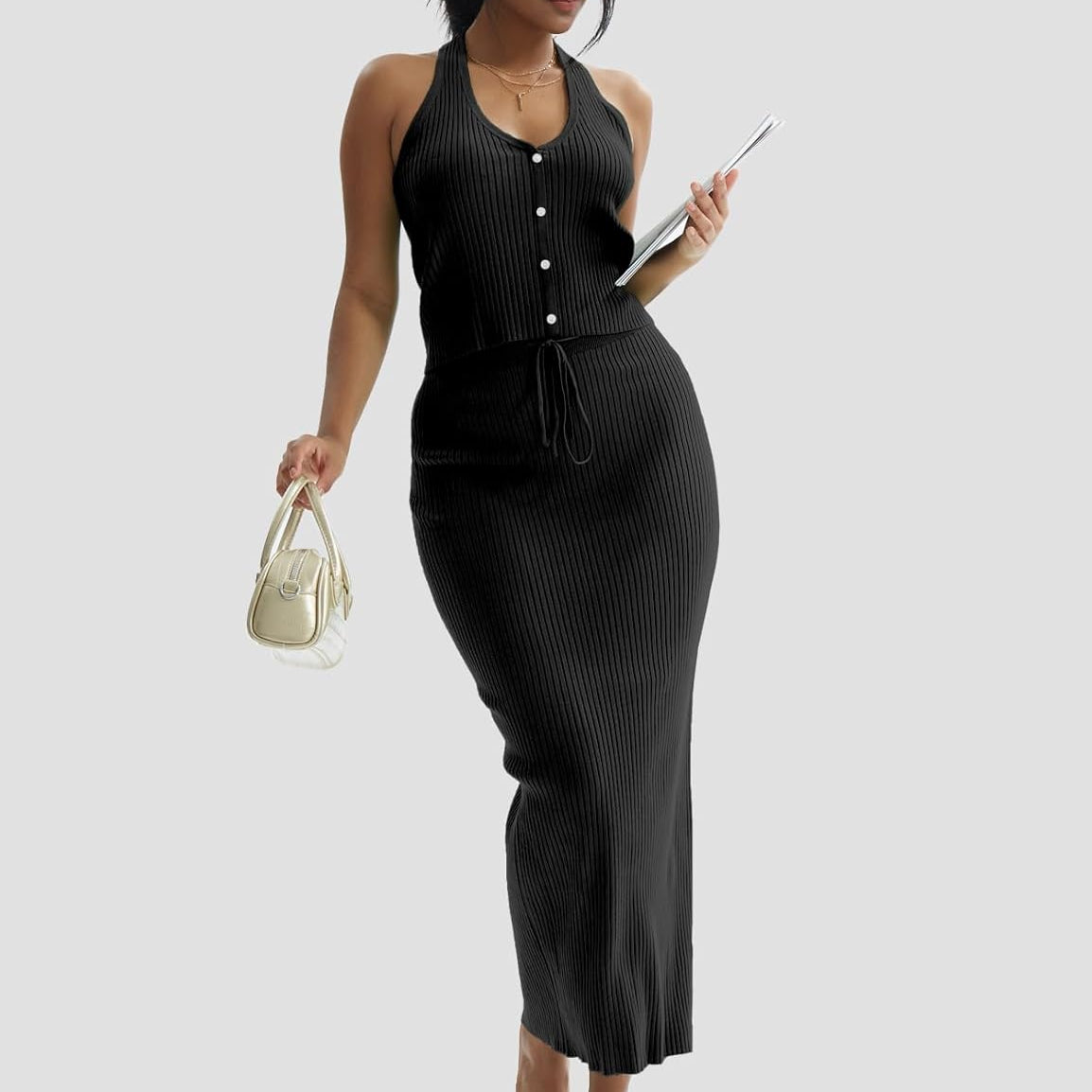 CHERFLY Womens 2 Piece Outfits 2025 Summer Sweater Skirt Sets Halter Top Midi Bodycon Dress