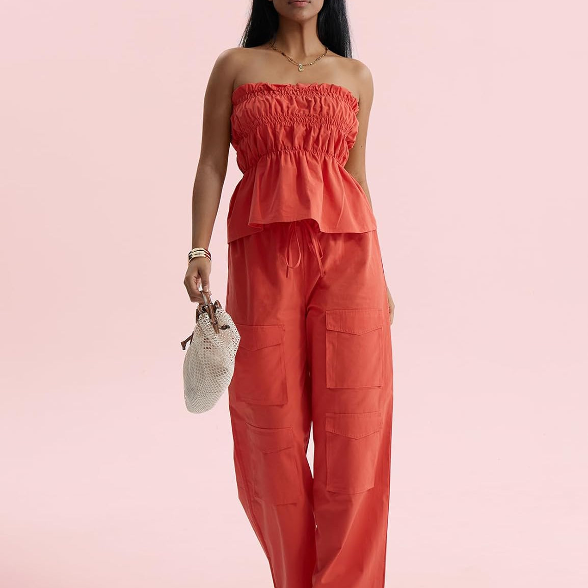 CHERFLY Women's 2 Piece Outfits 2024 Casual Summer Sleeveless Sweatsuits Tube Top Cargo Pants with Pockets Matching Sets