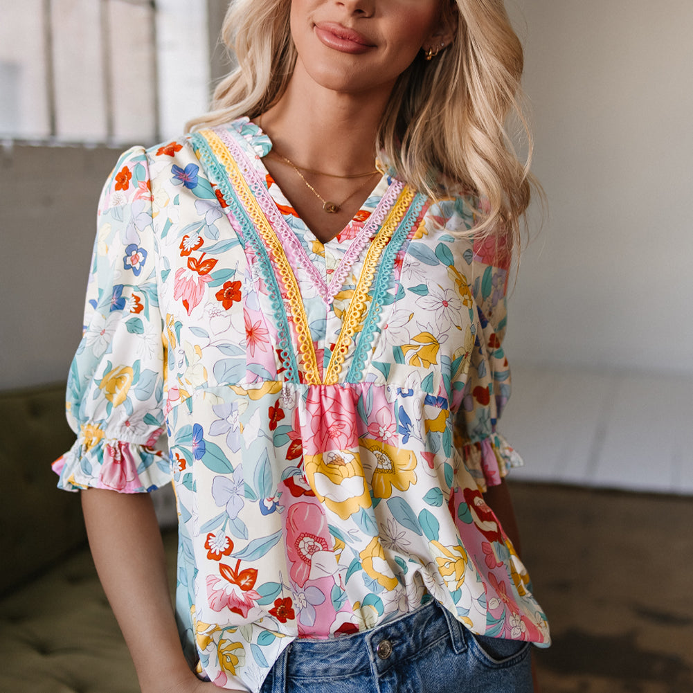 Pink Boho Flower Print Half Puff Sleeve Blouse