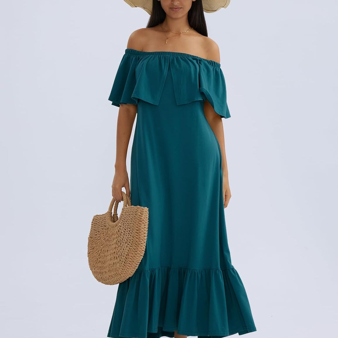 CHERFLY Women's Long Dress 2025 Summer Off The Shoulder Ruffle Swing Dress Cutout Back Casual Loose Maxi Dress