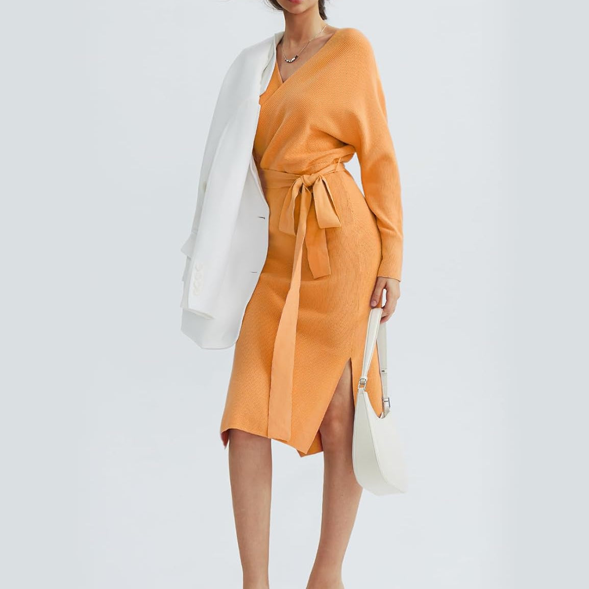 CHERFLY Women's V Neck Sweater Dresses Batwing Long Sleeve Backless Bodycon Long Dress with Belt