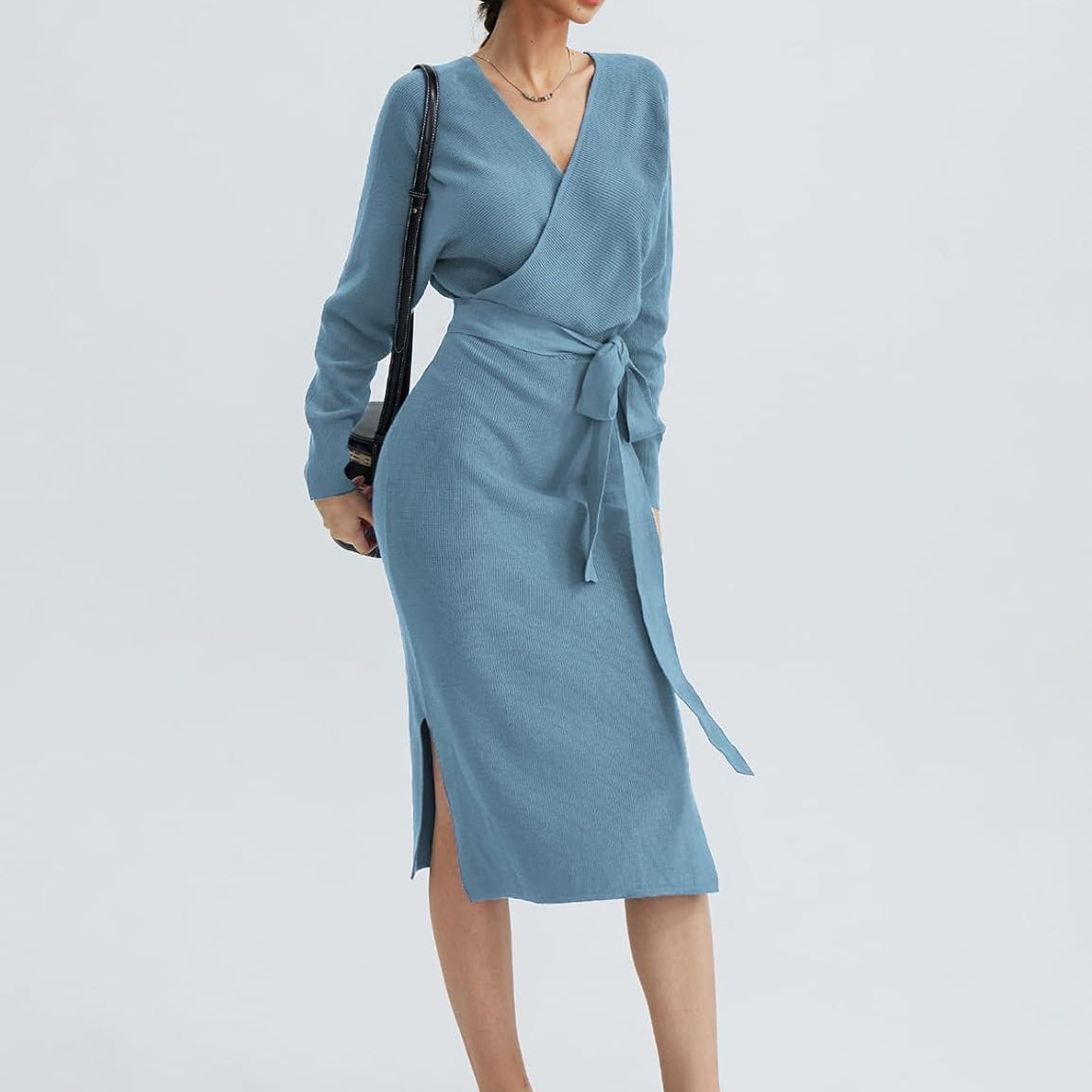 CHERFLY Women's V Neck Sweater Dresses Batwing Long Sleeve Backless Bodycon Long Dress with Belt
