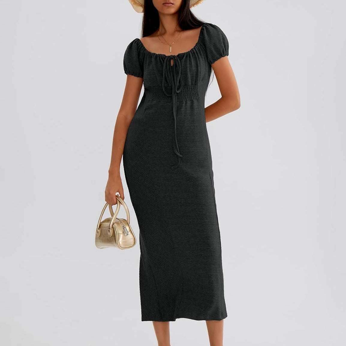 CHERFLY Women's Long Dress 2025 Summer Short Sleeve Smocked Midi Dress Loose Casual Off The Shoulder Maxi Dress