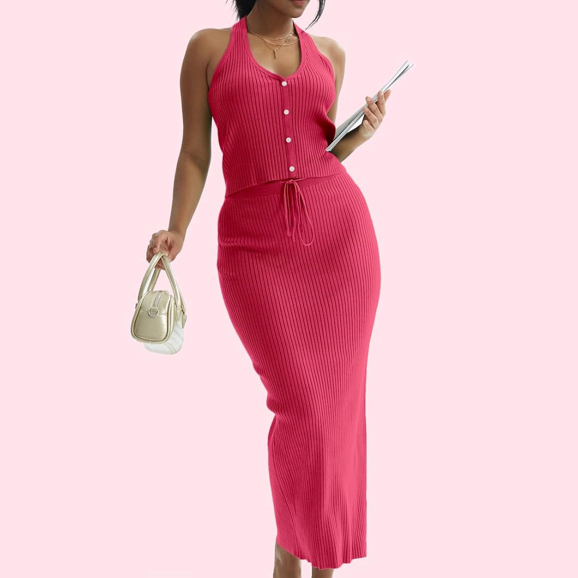 CHERFLY Womens 2 Piece Outfits 2025 Summer Sweater Skirt Sets Halter Top Midi Bodycon Dress