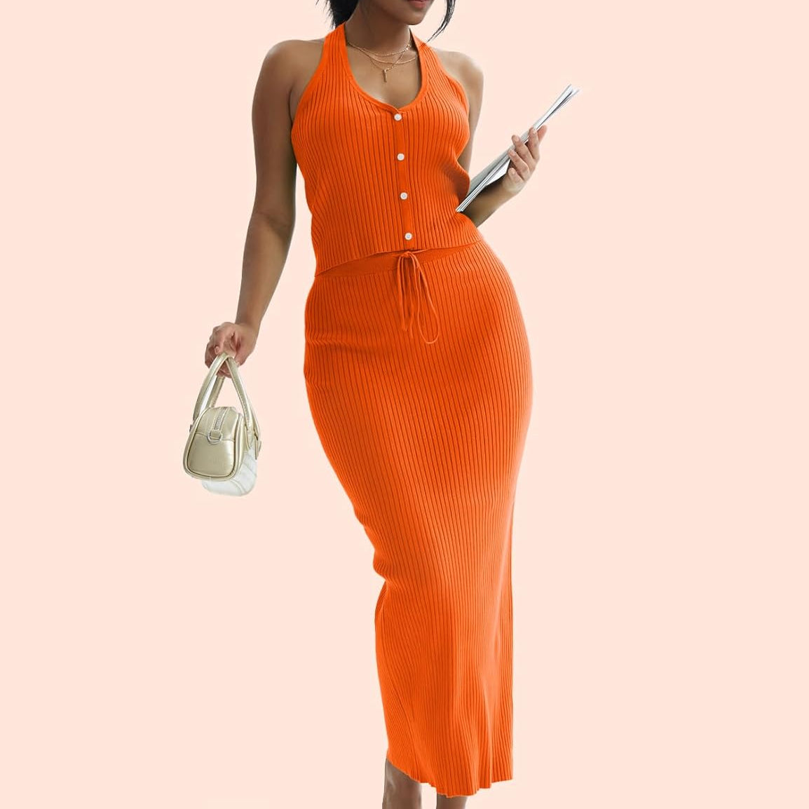 CHERFLY Womens 2 Piece Outfits 2025 Summer Sweater Skirt Sets Halter Top Midi Bodycon Dress