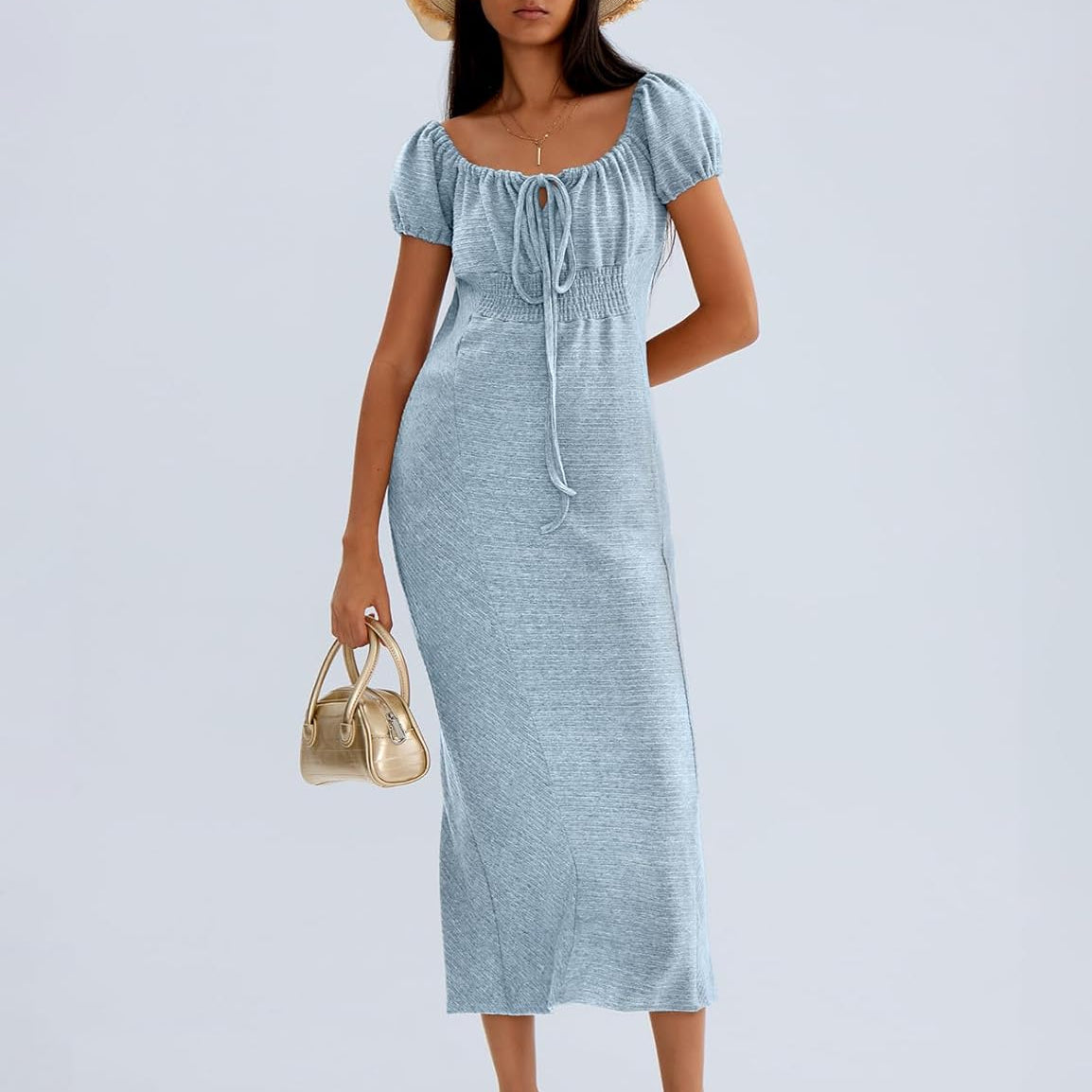 CHERFLY Women's Long Dress 2025 Summer Short Sleeve Smocked Midi Dress Loose Casual Off The Shoulder Maxi Dress