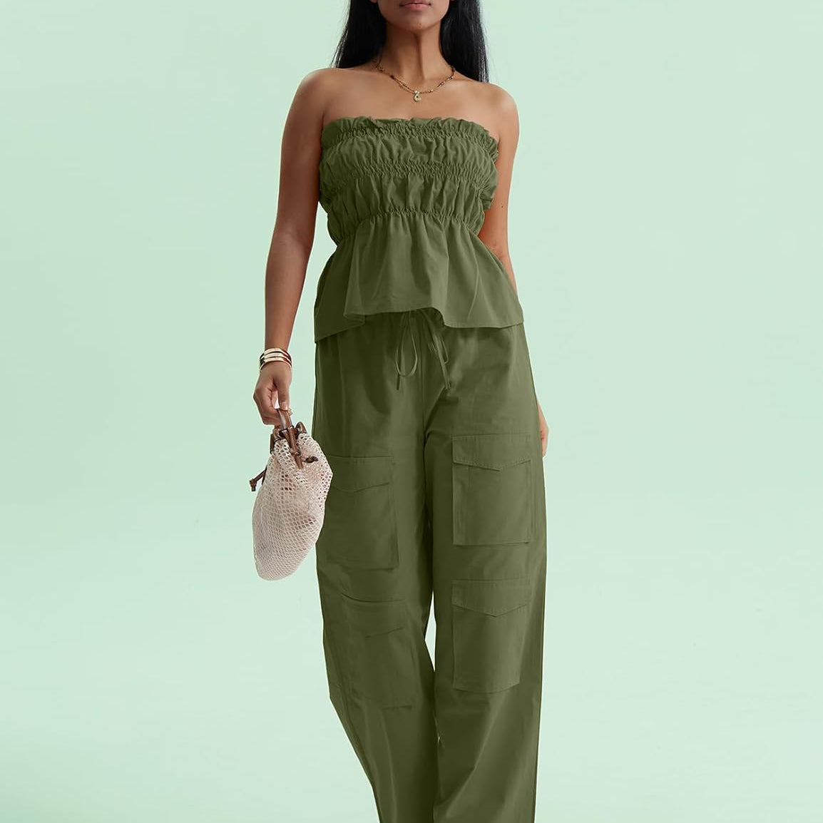 CHERFLY Women's 2 Piece Outfits 2024 Casual Summer Sleeveless Sweatsuits Tube Top Cargo Pants with Pockets Matching Sets