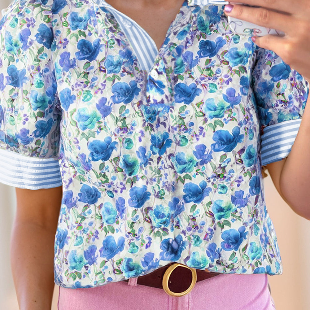Sky Blue Floral Print Striped Patchwork Collared Short Sleeve Blouse