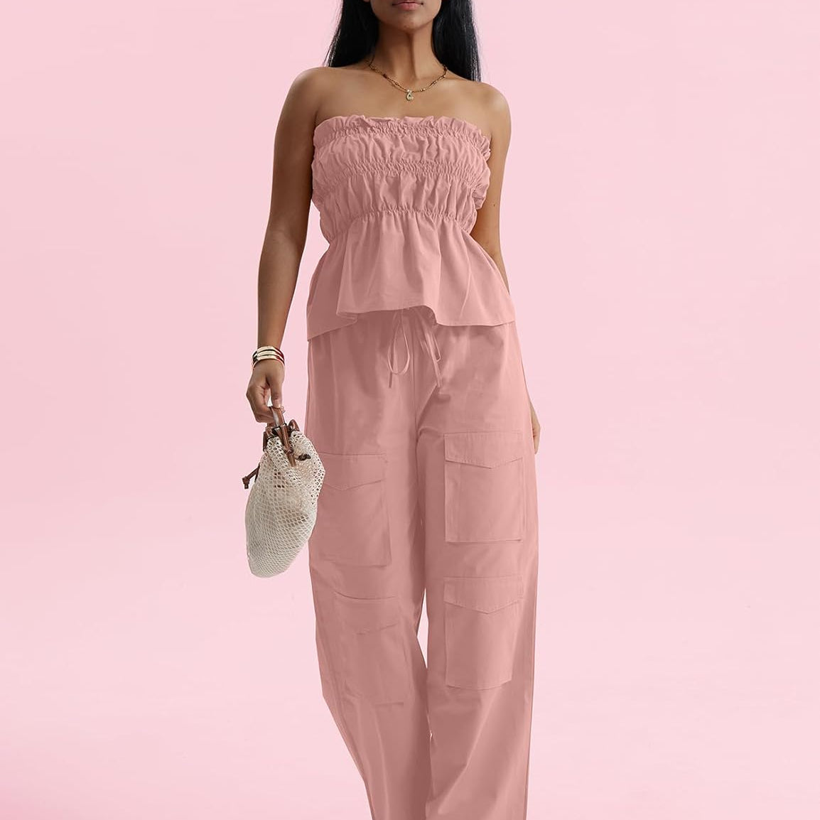 CHERFLY Women's 2 Piece Outfits 2024 Casual Summer Sleeveless Sweatsuits Tube Top Cargo Pants with Pockets Matching Sets