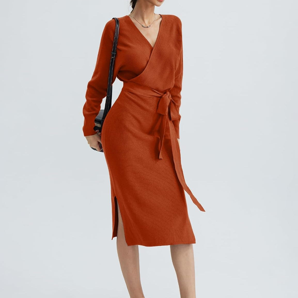 CHERFLY Women's V Neck Sweater Dresses Batwing Long Sleeve Backless Bodycon Long Dress with Belt