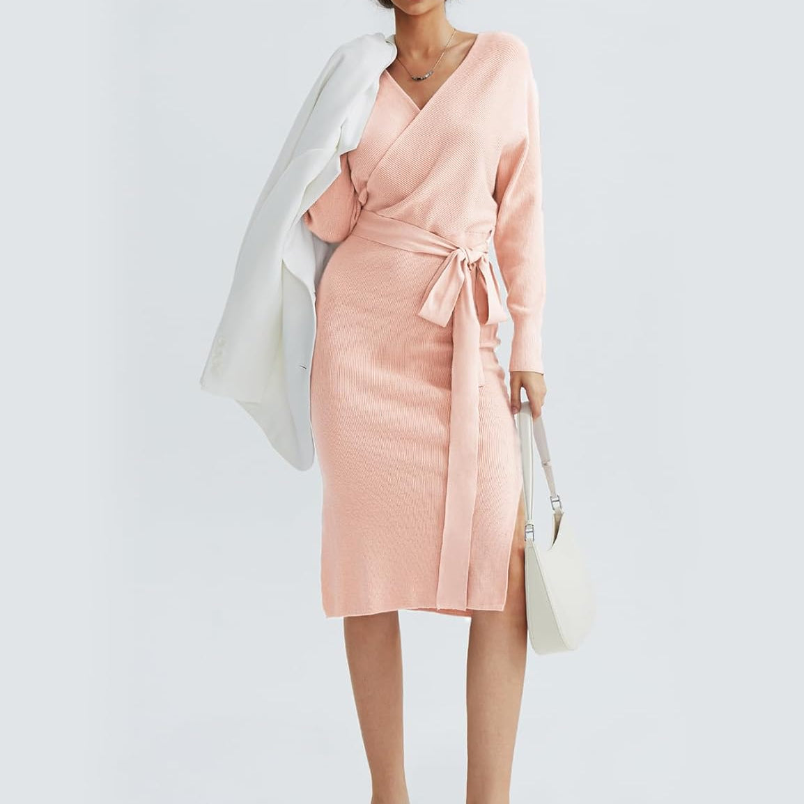 CHERFLY Women's V Neck Sweater Dresses Batwing Long Sleeve Backless Bodycon Long Dress with Belt
