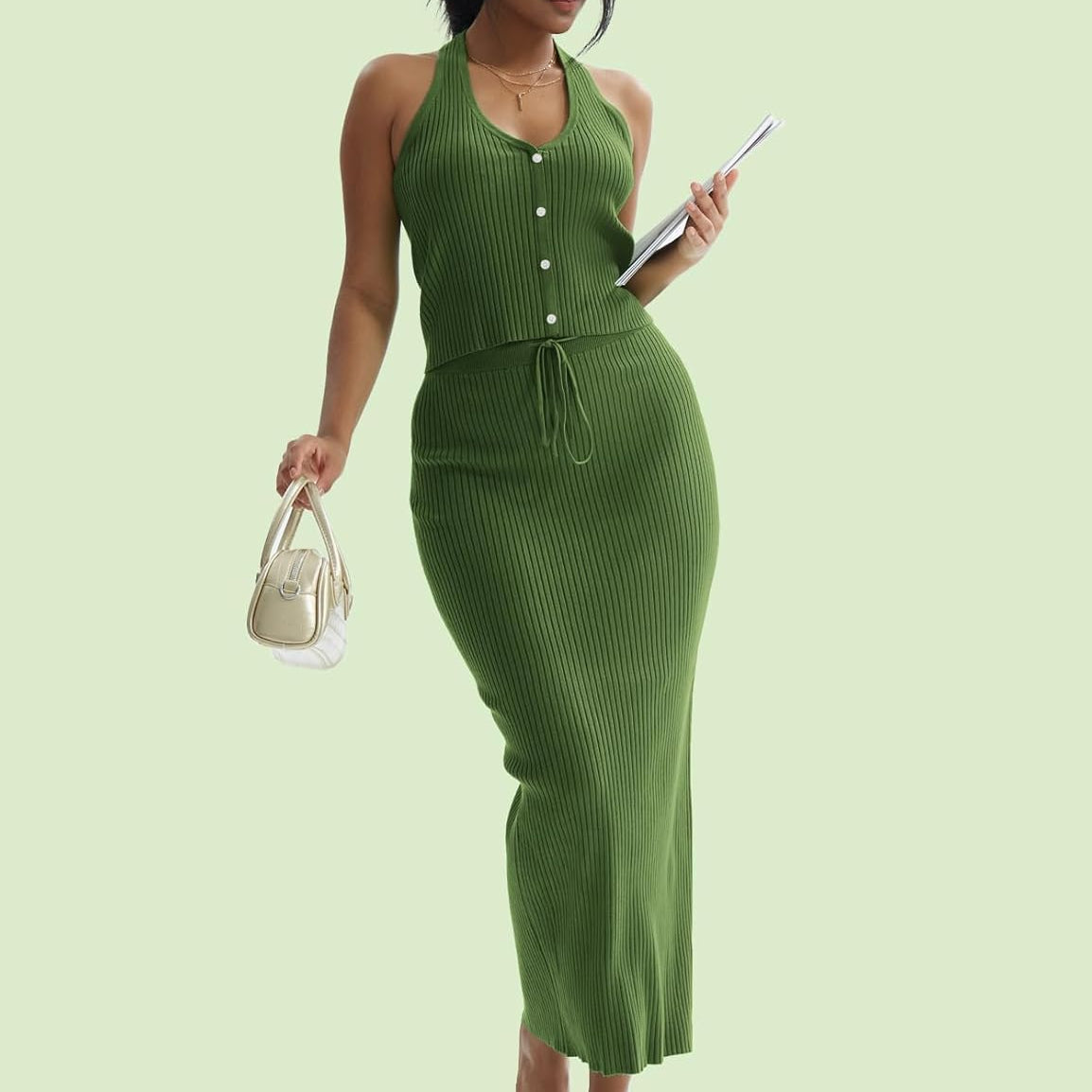 CHERFLY Womens 2 Piece Outfits 2025 Summer Sweater Skirt Sets Halter Top Midi Bodycon Dress