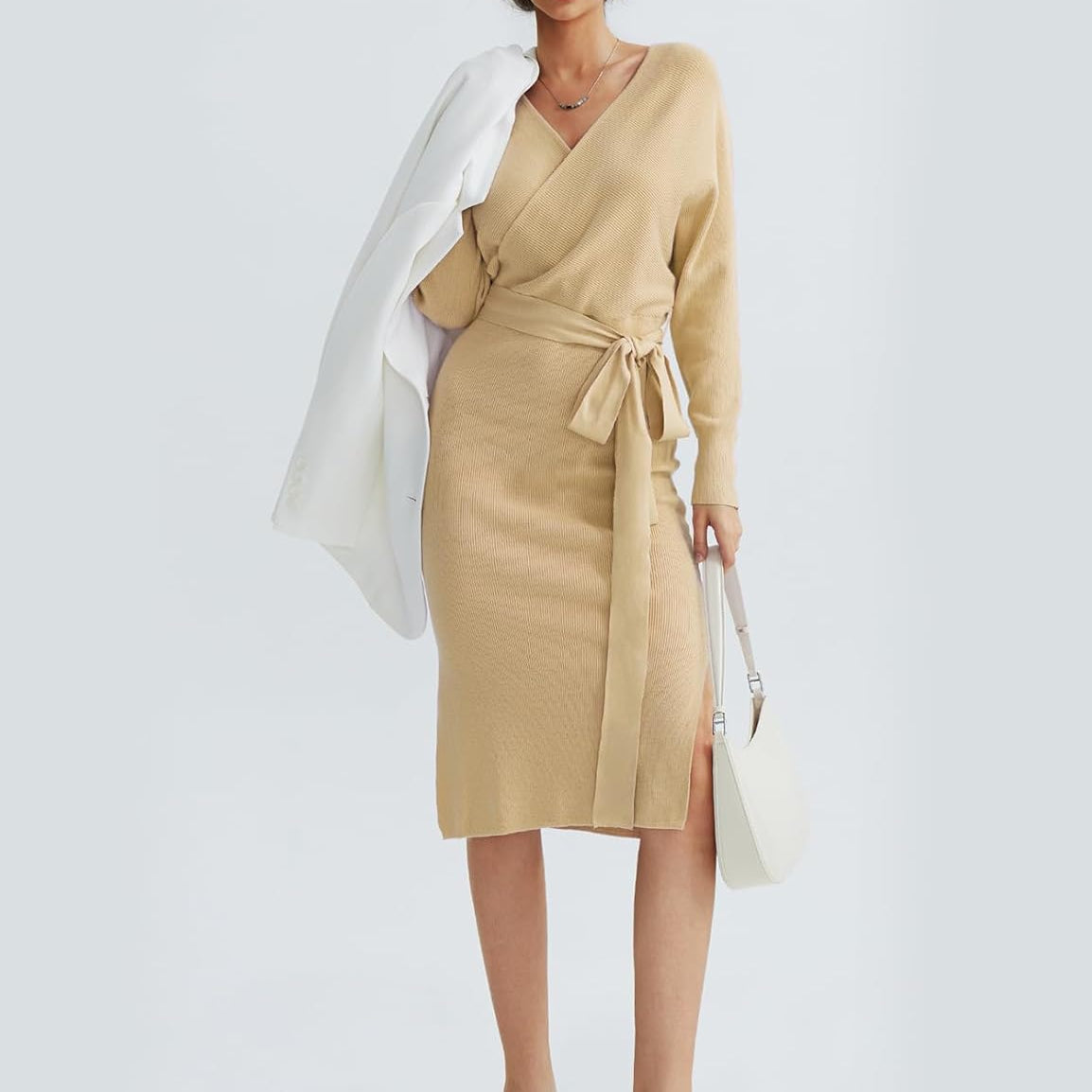 CHERFLY Women's V Neck Sweater Dresses Batwing Long Sleeve Backless Bodycon Long Dress with Belt