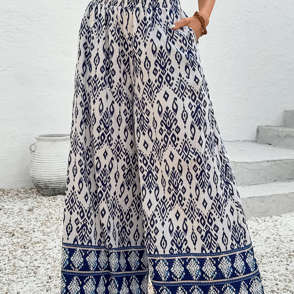 Blue Boho Pattern Print High Waist Wide Leg Loose Pants