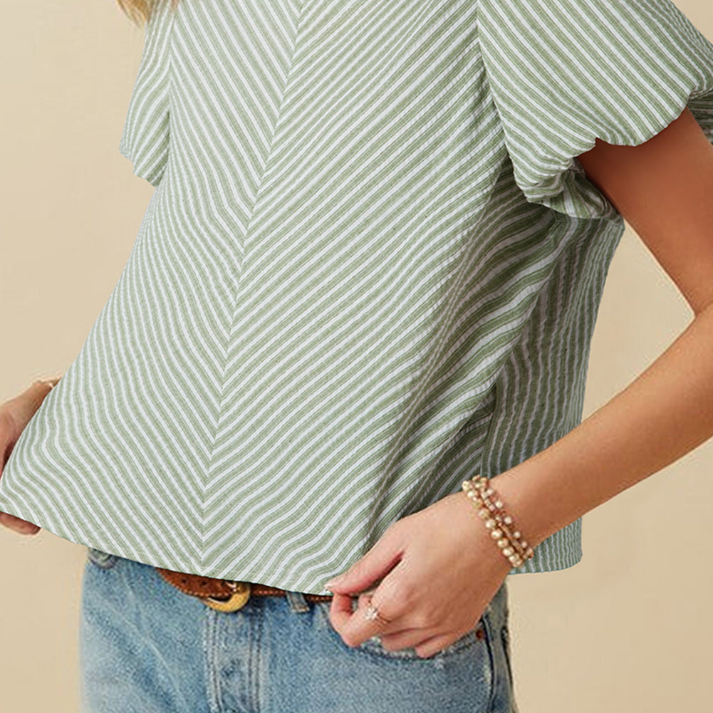 Green Stripe Textured Round Neck Short Puff Sleeve Blouse