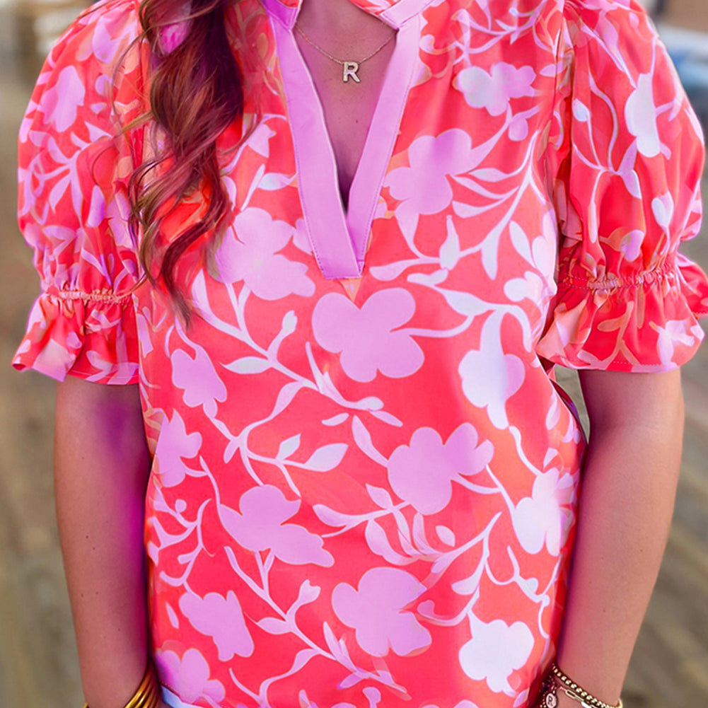 Red Floral Split V Neck Ruffled Short Sleeve Blouse Top