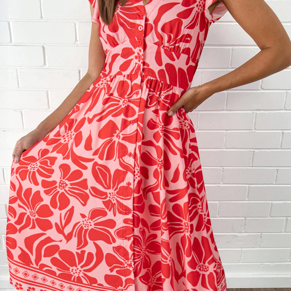 Red Boho Floral Short Sleeve V Neck Buttoned Shirred Waist Long Dress