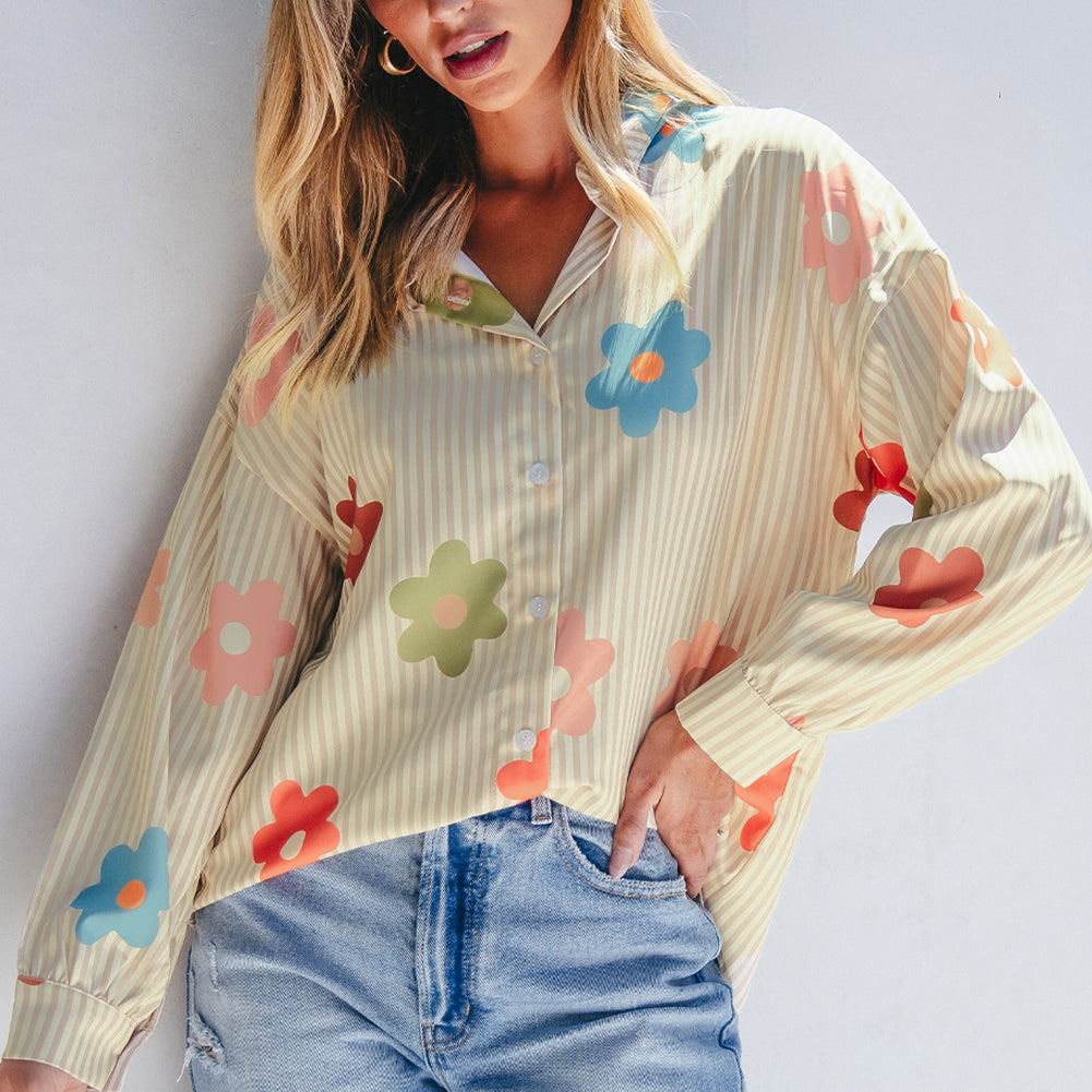 Apricot Stripe Flower Print Collared Button-up Loose Fit Shirt