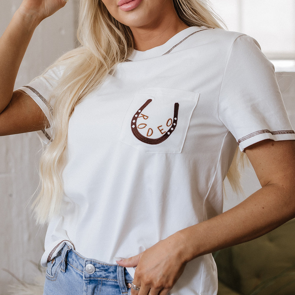 Apricot RODEO Horseshoe Embroidered Patch Pocket T Shirt