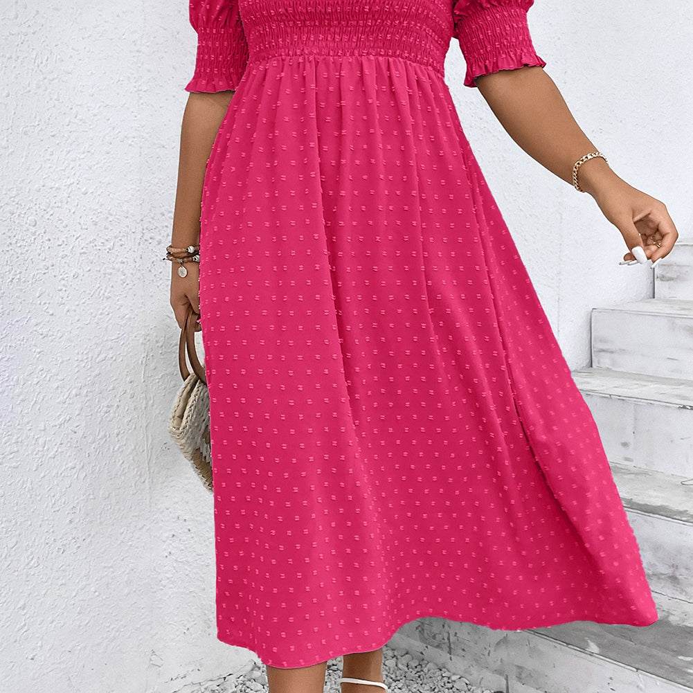 Sachet Pink Swiss Dot Smocked Frilled Neckline Short Sleeve Plus Size Dress