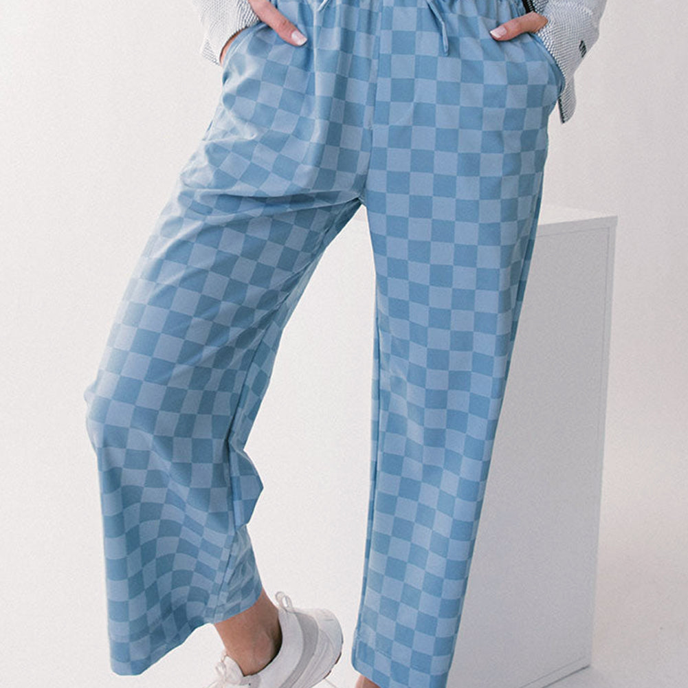 Khaki Checkered Elastic High Waist Loose Casual Pants
