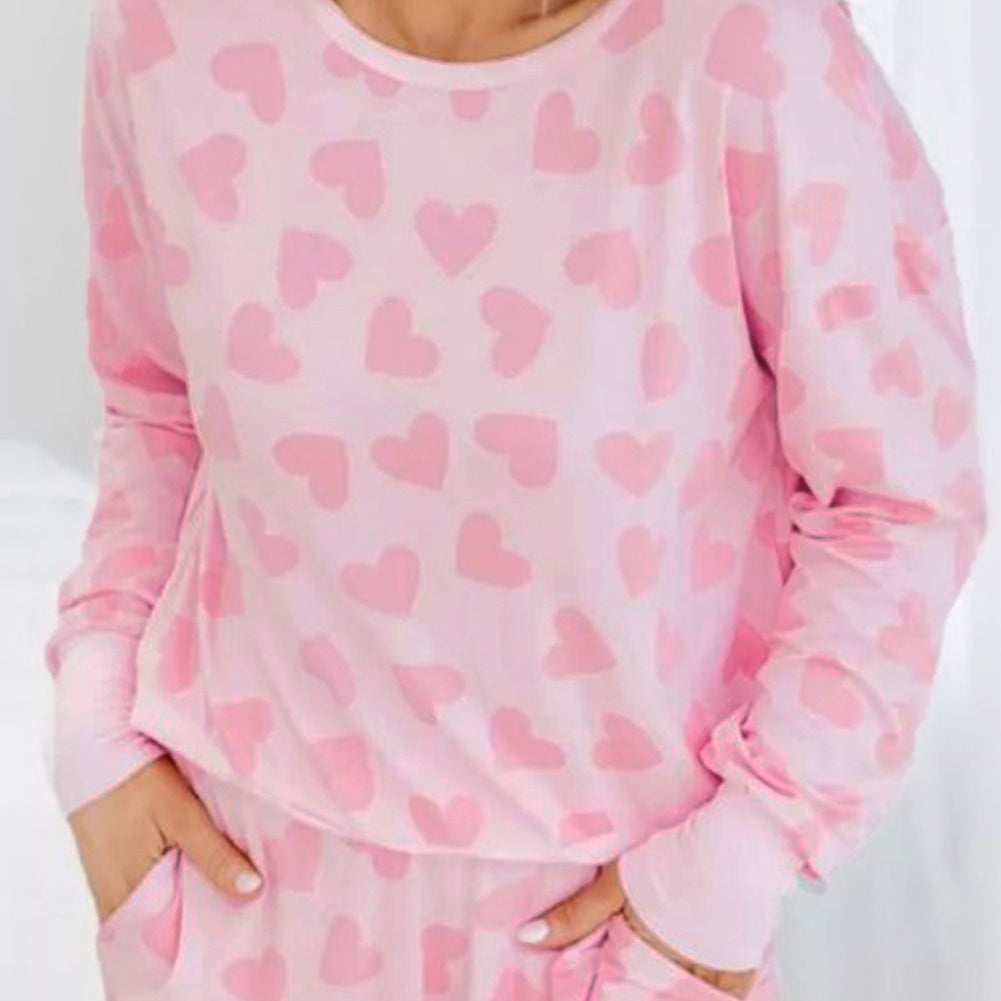 Pink Valentine Heart Shape Print Long Sleeve Top Shorts Lounge Set