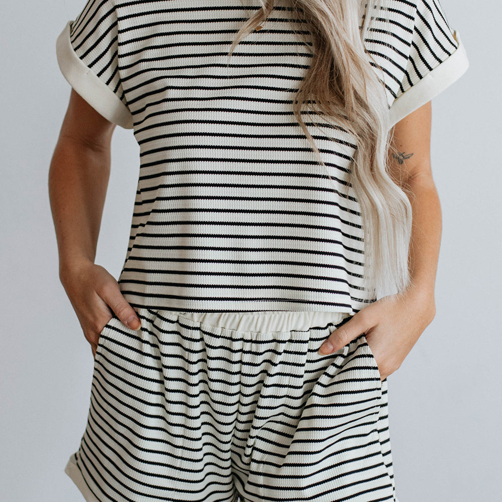 White Stripe Contrast Edge Tee and Shorts Set