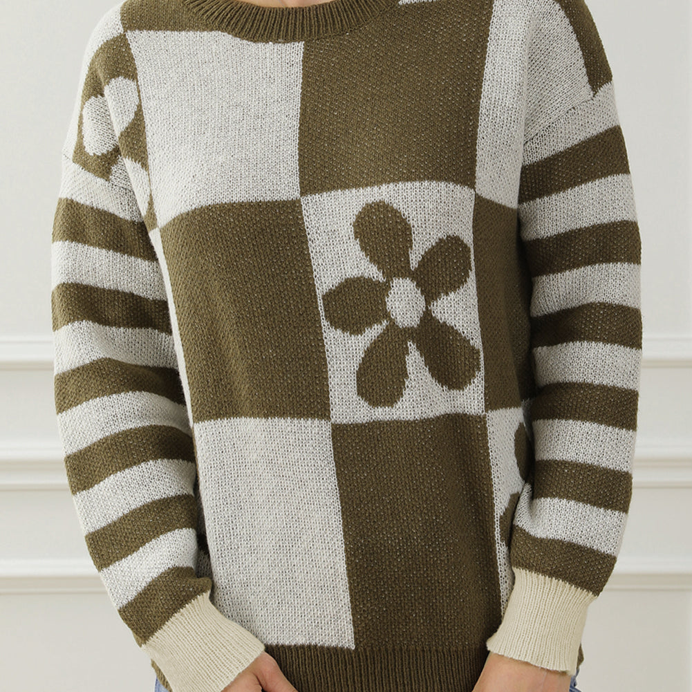Green Checkered Floral Print Striped Sleeve Sweater