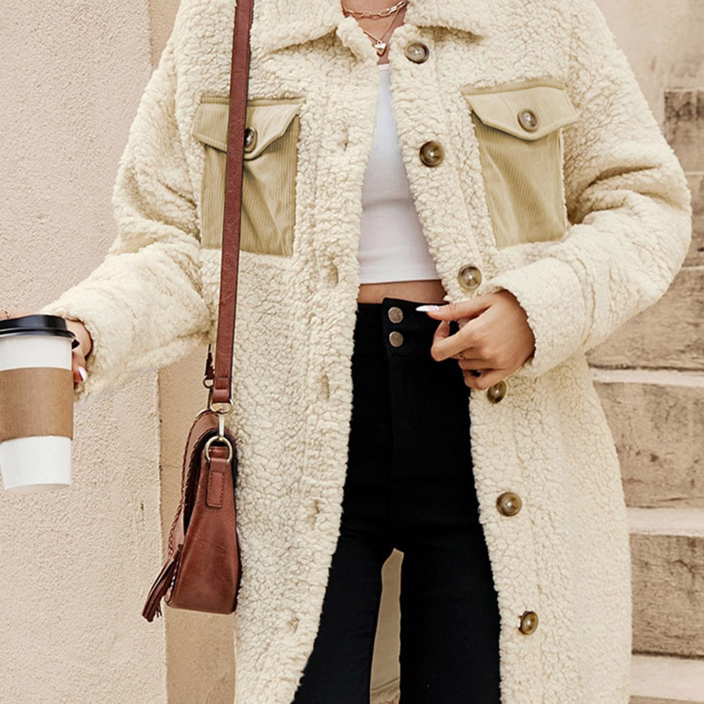 Beige Contrast Flap Pocket Single Breasted Teddy Coat