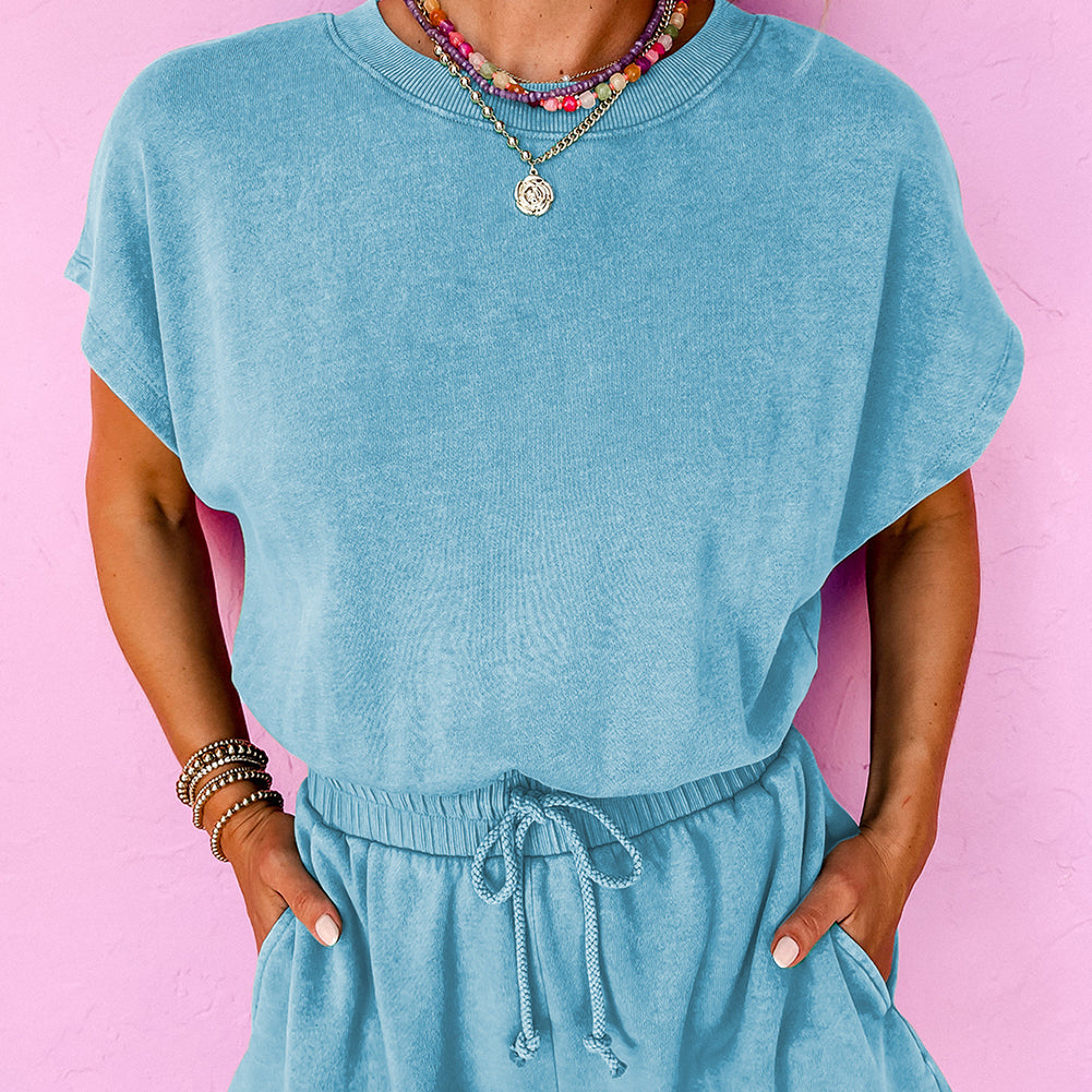 Mist Blue Mineral Wash Drawstring Waist Hollow Out Back Short Sleeve Romper