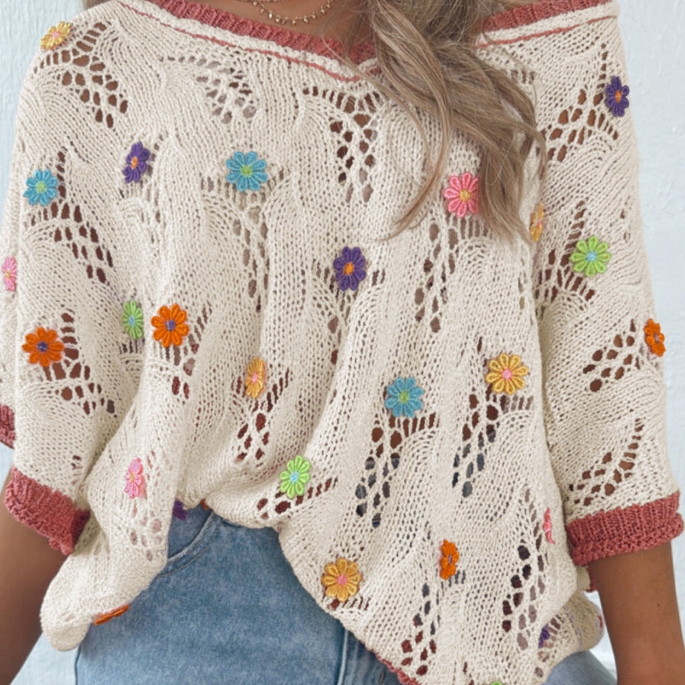 Delicacy Embroidered Flowers Colorblock Edge Hollowed Sweater