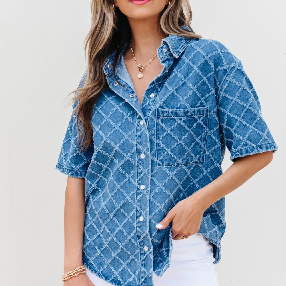 Dusk Blue Checkered Textured Short Sleeve Patched Pocket Denim Shirt