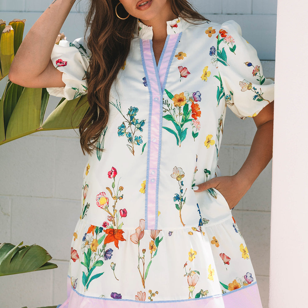White Floral Print Contrast Striped Patchwork Short Puff Sleeve Dress