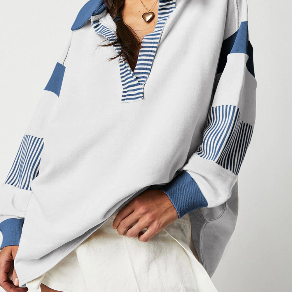 Black Striped Colorblock Patchwork Collar Sweatshirt