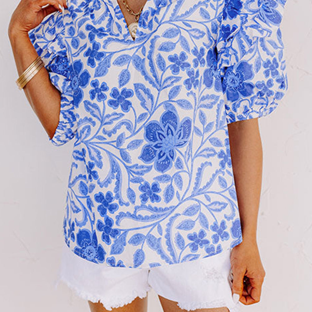 Dark Blue Floral Print Ruffled Bubble Sleeve Blouse