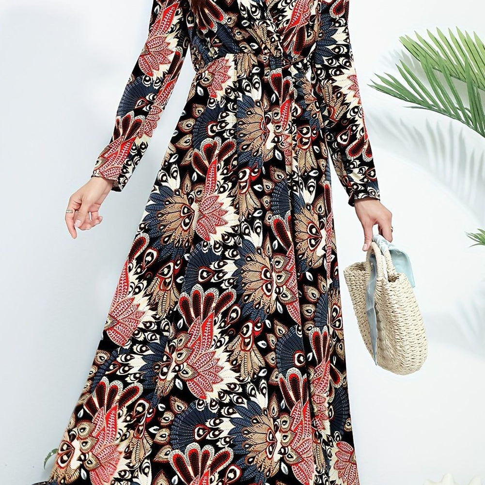 Black Floral Print V Neck Wrap High Waist Maxi Dress