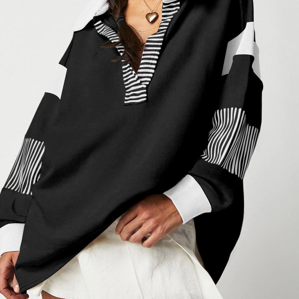 Black Striped Colorblock Patchwork Collar Sweatshirt