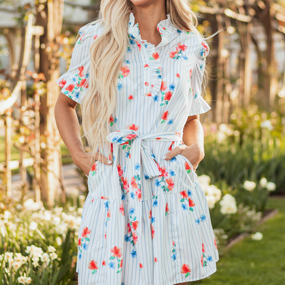 Sky Blue Stripe Floral Pattern Ruffle Short Sleeve Belted Mini Dress