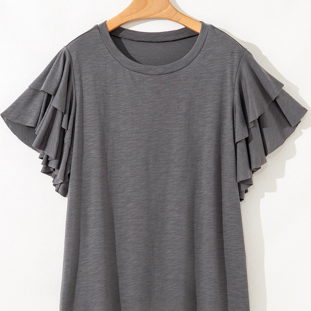 Dark Grey Double Ruffled Short Sleeve Plus Size Top