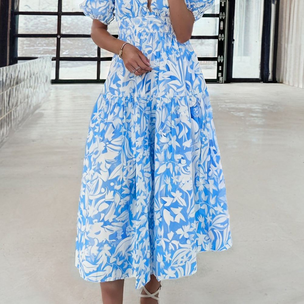 Sky Blue Floral V Neck Puff Short Sleeve Flowy Long Dress