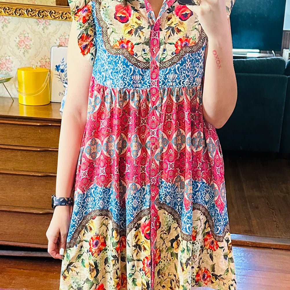 Rose Floral Mixed Pattern Ruffle Flutter Sleeve Buttoned Dress