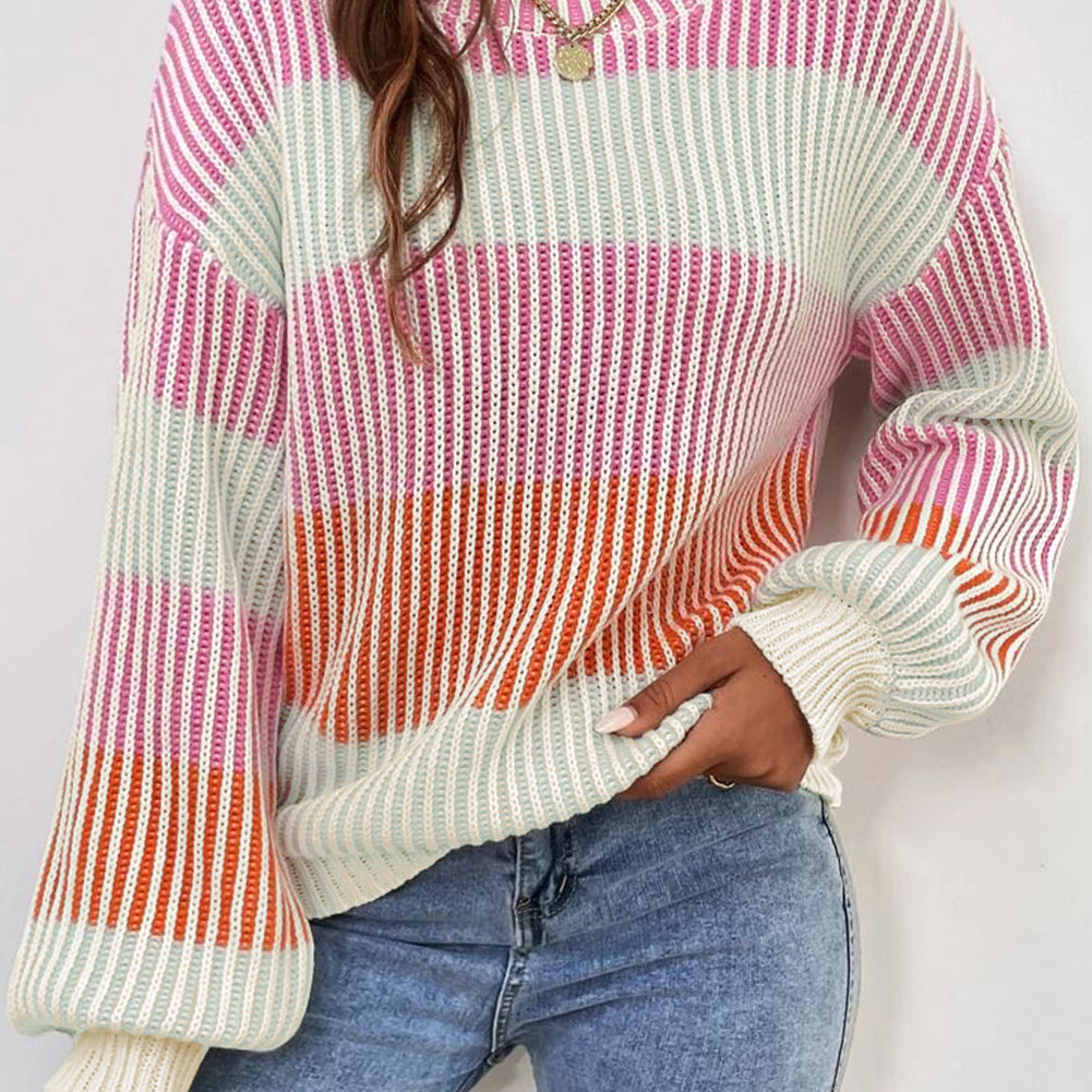 Multicolour Colorblock Textured Knit Bubble Sleeve Sweater