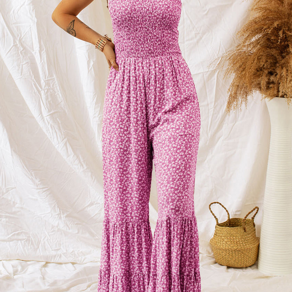 Black Thin Straps Smocked Bodice Wide Leg Floral Jumpsuit