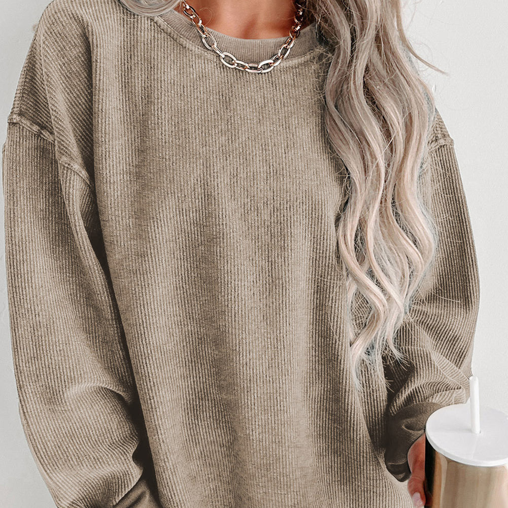 Gray Solid Ribbed Knit Round Neck Pullover Sweatshirt