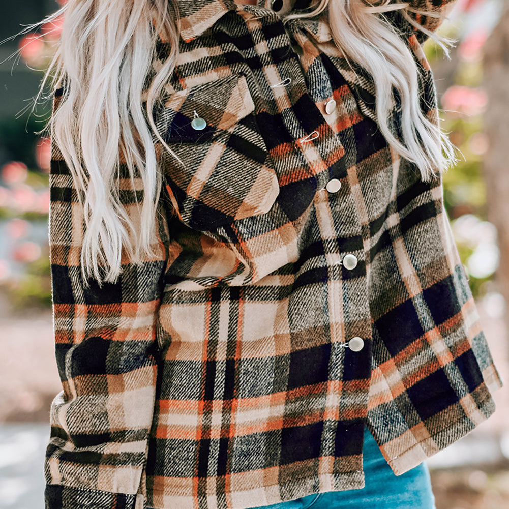 Fiery Red Geometric Plaid Print Pocketed Shacket