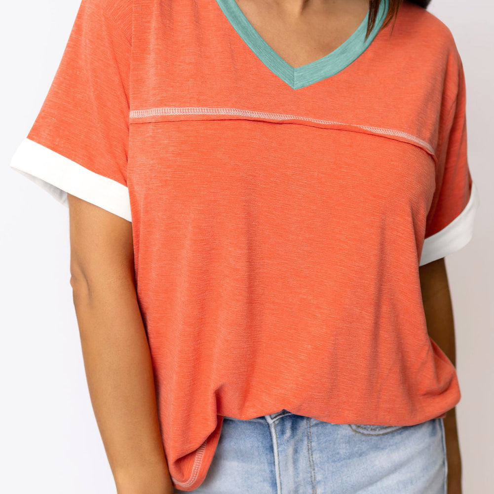 Grapefruit Orange Contrast Trim Exposed Seam V Neck T-shirt