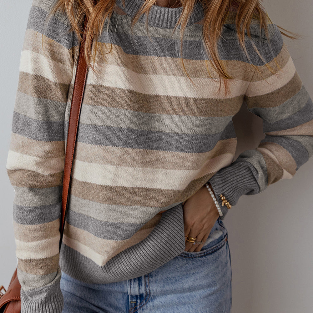 Gray Stripe Color Block Ribbed Edge Round Neck Sweater