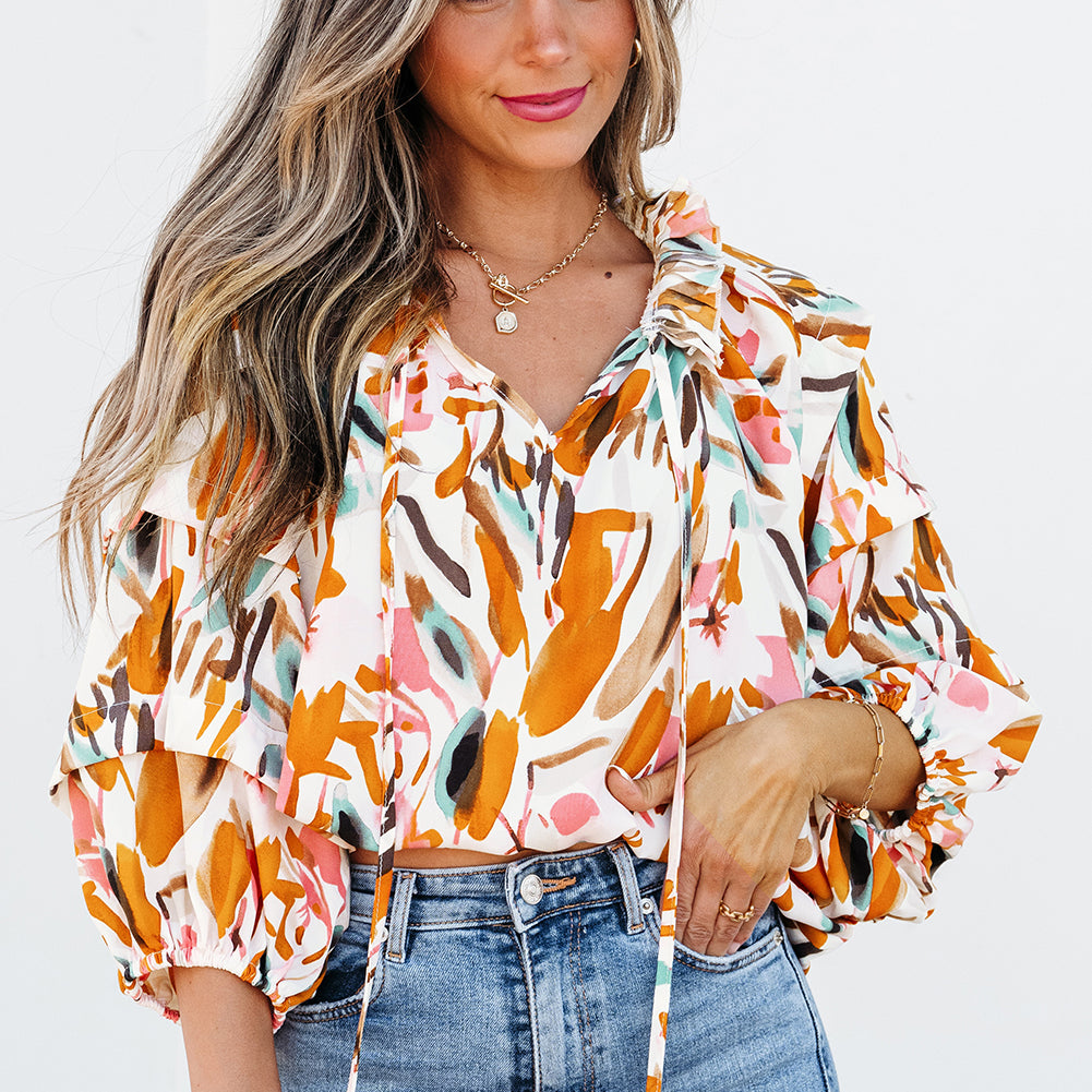 Yellow Abstract Print Drawstring Frilled V Neck 3/4 Sleeve Blouse